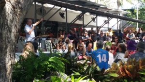 Barrister John B Lawrence addresses the rally in Darwin today